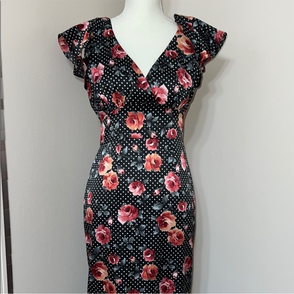 Rare Stop Staring Black Floral Midi dotted vintage retro rockabilly Dress - Picture 1 of 9